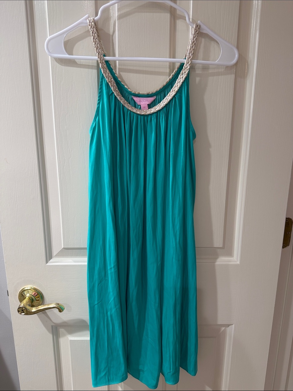 Like New XS Lilly Pulitzer Teal Dress with Gold Braided Neckline